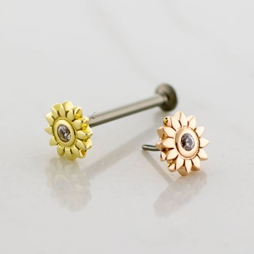 Titanium Threadless Labret Post With 14kt Sunflower CZ End