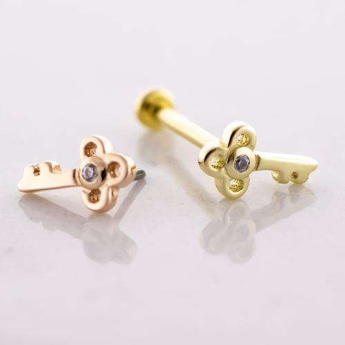 Gold Threadless Labret Post With 14kt Vintage Key End