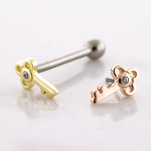 Titanium Threadless Barbell With 14kt Vintage Key End And Fixed Ball End