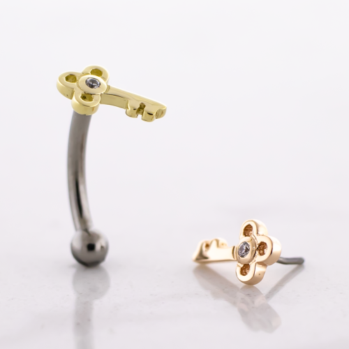 14G Titanium Threadless Curved Barbell With 14kt Vintage Key End & Fixed Ball End