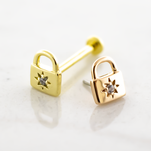 Gold Threadless Labret Post With 14kt Lock CZ End