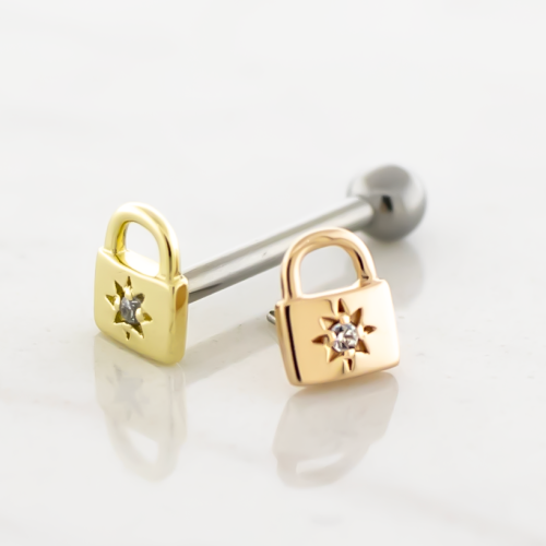 Titanium Threadless Barbell With 14kt Lock CZ End And Fixed Ball End