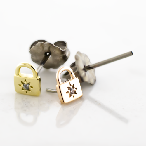 Titanium Threadless Earring Stud With 14kt Lock CZ Ends