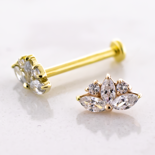 Gold Threadless Labret Post With 14kt Lotus Flower CZ End