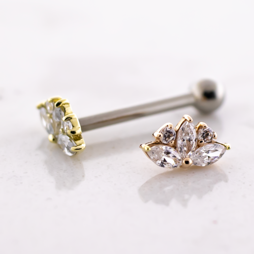 Titanium Threadless Barbell With 14kt Lotus Flower CZ End And Fixed Ball End