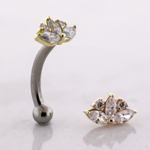 14G Titanium Threadless Curved Barbell With 14kt Lotus Flower CZ & Fixed Ball End