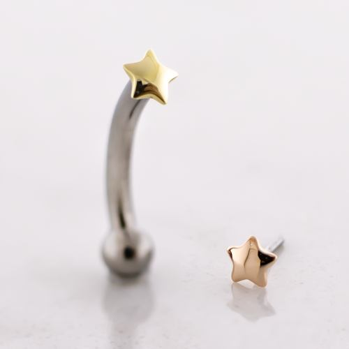 14G Titanium Threadless Curved Barbell With 14kt Simple Star End & Fixed Ball End