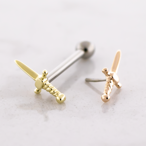 Titanium Threadless Barbell With 14kt Sword End And Fixed Ball End