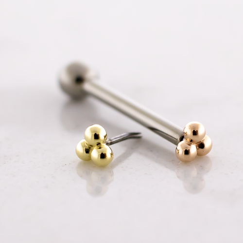 Titanium Threadless Barbell With 14kt Triple Bead End And Fixed Ball End