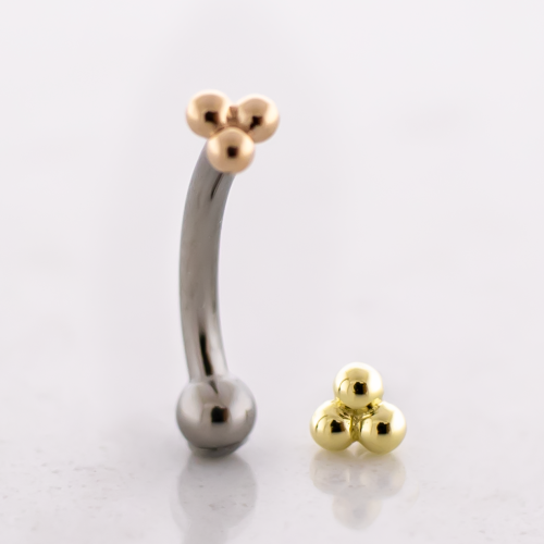 14G Titanium Threadless Curved Barbell With 14kt Triple Bead End & Fixed Ball End