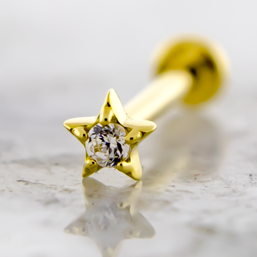 18Kt Gold Helix Labret with Star Head Set Premium Zirconia