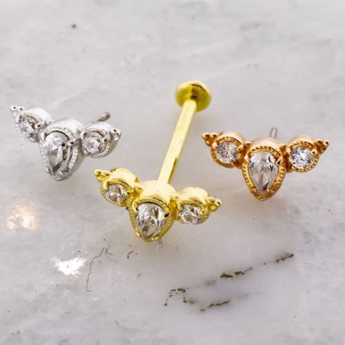 18Kt Gold Helix Labret with Beaded Crescent Premium Zirconia End