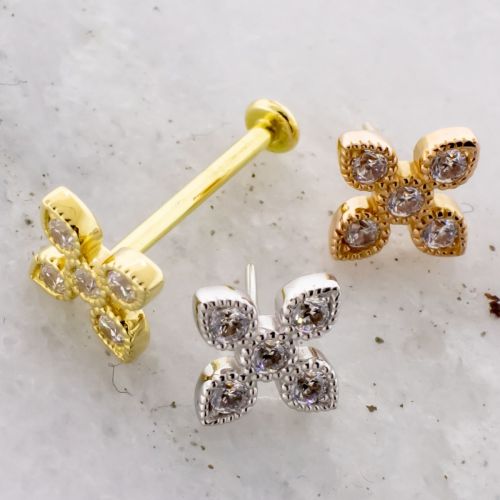 18Kt Gold Helix Labret with Four Petal Premium Zirconia End