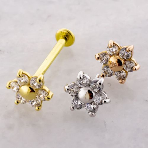 18Kt Gold Helix Labret with Flower Premium Zirconia End