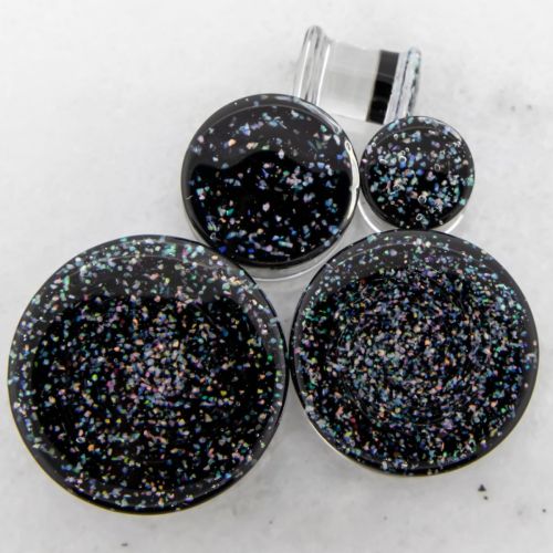 CRUSHED WHITE OPAL OVER BLACK BOROSILICATE GLASS DOUBLE FLARE PLUGS