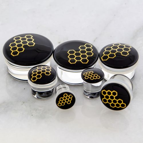 PAIR GOLD HONEYCOMB GLASS PLUGS