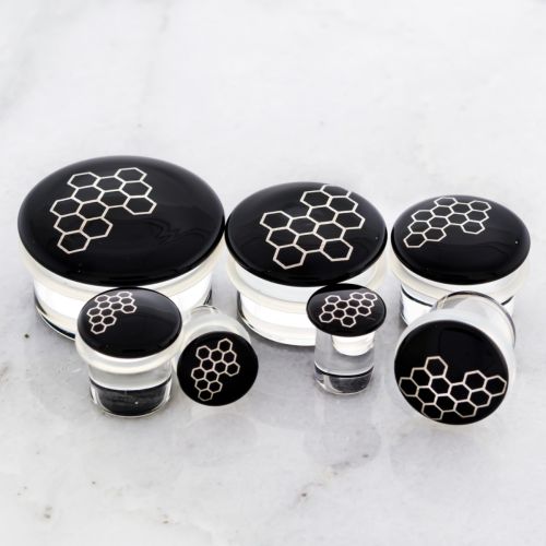 Pair SILVER HONEYCOMB BLACK GLASS PLUGS