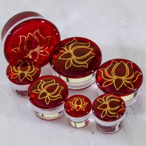 Pair RED LOTUS GLASS PLUGS