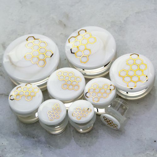 Pair WHITE HONEYCOMB GLASS PLUGS