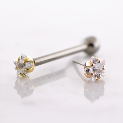 Titanium Threadless Barbell With 14kt Star Cut CZ End And Fixed Ball End