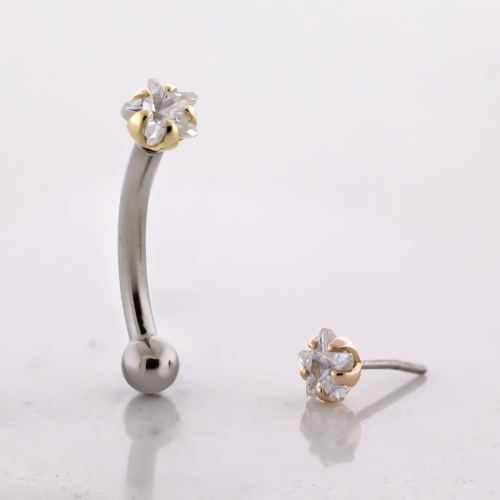 14G Titanium Threadless Curved Barbell With 14kt Star Cut CZ End & Fixed Ball End