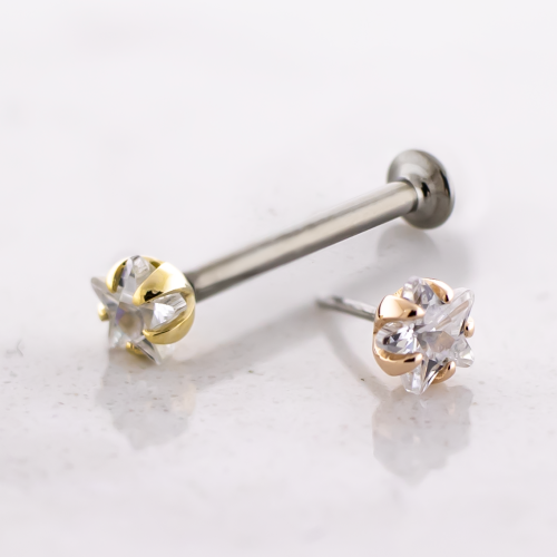 Titanium Threadless Labret Post With 14kt CZ Star Cut End