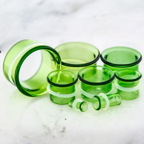 Pair SINGLE FLARE GREEN BOROSILICATE GLASS TUNNELS