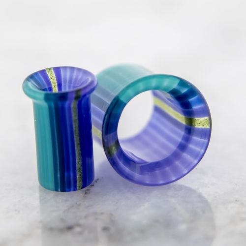 Pair Purple Waters glass single flare tunnels with clear oring