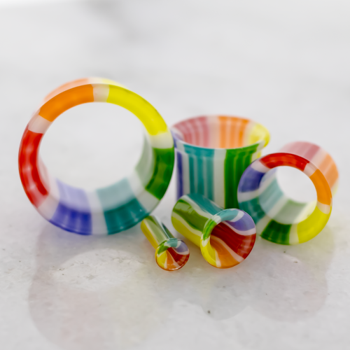 Pair Rainbow Bright glass single flare tunnels with clear oring