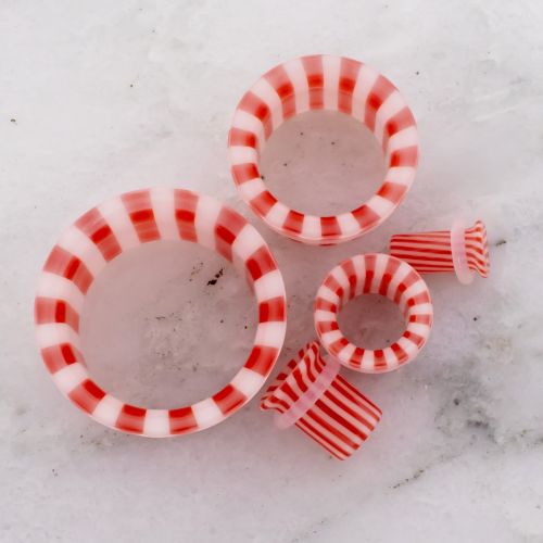 Pair Single Flare Glass Tunnel - Red/White Stripe