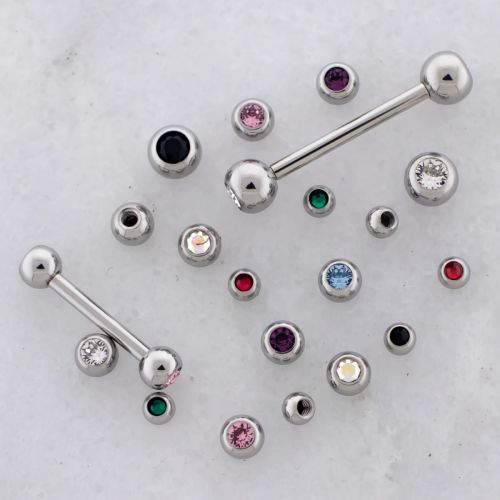 14G Externally Threaded Steel Barbell w/ Bezel Set Premium Crystal Ball Ends