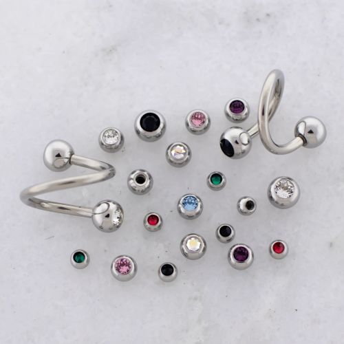 14G Externally Threaded Steel Twisted Barbell w/ Bezel Set Premium Crystal Ball Ends