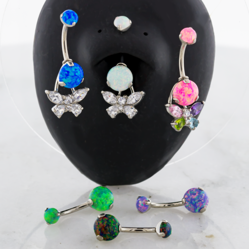 Steel Synthetic Opal Navel Ring with Gemmed Butterfly