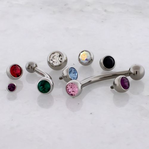 14G Steel Internally Threaded Curved Barbell w/ Gem Ball and Plain Ball Ends