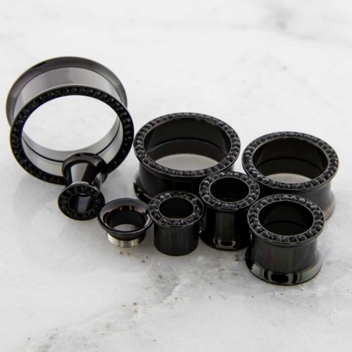 BLACK INTERNALLY THREADED TUNNEL WITH BLACK GEMS