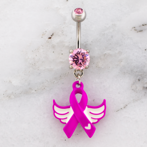 Breast Cancer Awareness Navel Ring With Ribbon And Wings