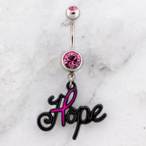 Breast Cancer Awareness Navel Ring With Hope Dangle And Ribbon