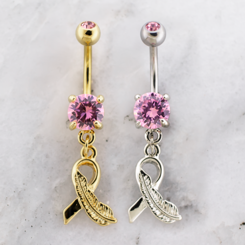 Breast Cancer Awareness Navel Ring With Ribbon And Feather