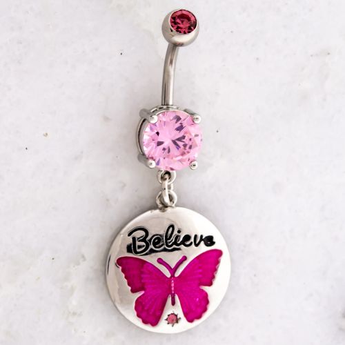 BREAST CANCER AWARENESS NAVEL RING WITH BELIEVE BUTTERFLY