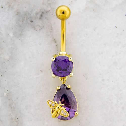 14G Navel Barbell Gold PVD Purple Gem w/ Bee