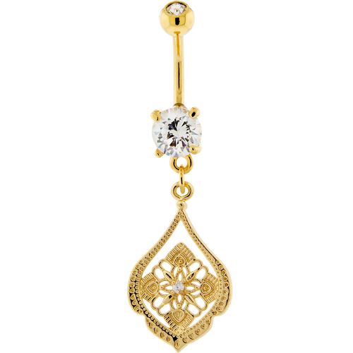 FILIGREE FLOWER CUTOUT WITH GEM  NAVEL RING-GOLD PVD