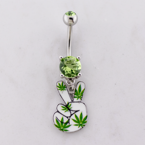 14G Peace Sign Hand Pot Leaf Navel Ring