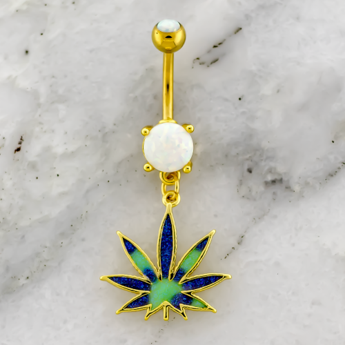 14G PVD Navel Barbell w/ Enamel Pot Leaf