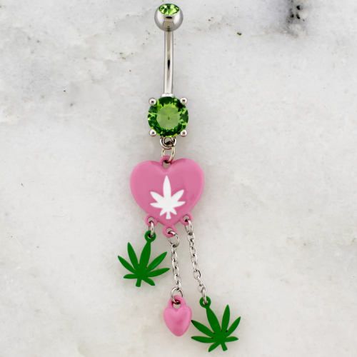 14G Navel Barbell w/ Pot Heart and Leaf Dangles