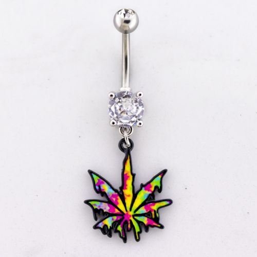 14G Rainbow Dripping Pot Leaf Navel Ring