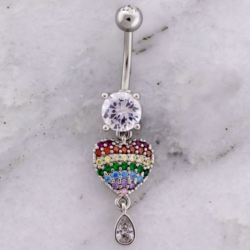 Pave Rainbow Heart w/ Clear Teardrop Navel Ring