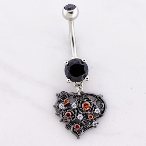 14G Black Heart Gem Navel Ring