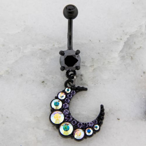 BLACK CRESCENT PURPLE AND AB GEM  MOON DANGLE NAVEL RING