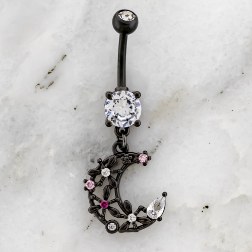 14G PVD Navel Barbell w/ Flower Moon