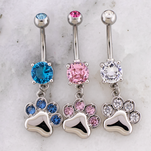 14G Navel Barbell w/ Gemmed Pawprint